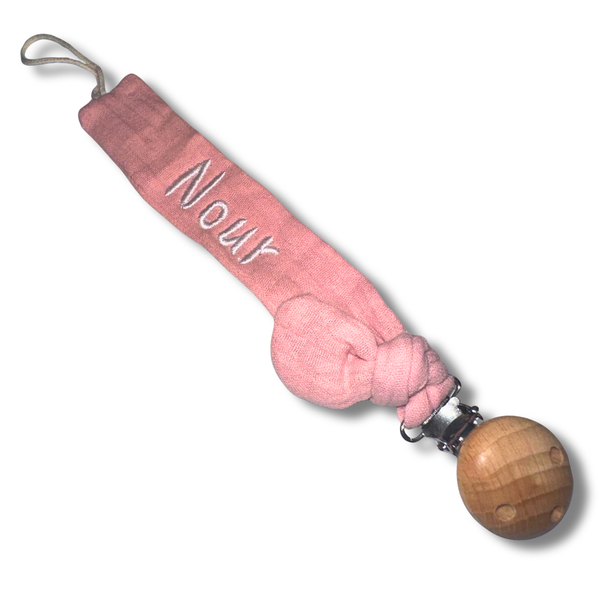 Attache-Tétine Personnalisée – Broderie Prénom – Clip Bois et Gaze de Coton