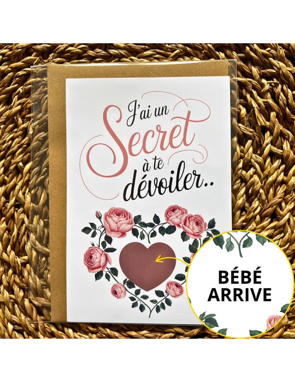 Carte à gratter annonce grossesse “Bébé arrive” roses
