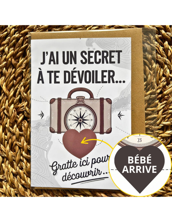 Carte à gratter annonce grossesse “Bébé arrive” valise et boussole